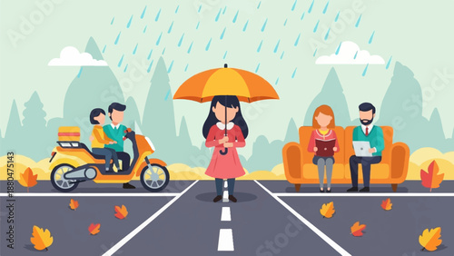 Figures in a rainy, autumnal landscape with a scooter, a lone figure, and a couple on a sofa
