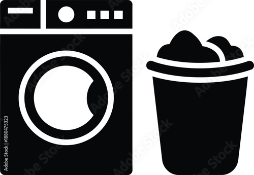 Hand drawn silhouette cartoon vector image with washing machine, clothing clipart.
Washing Machine and Laundry Basket Icon – Minimal Black and White Laundry Symbol.