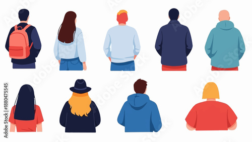 Diverse group of people with back views, casual and professional attire