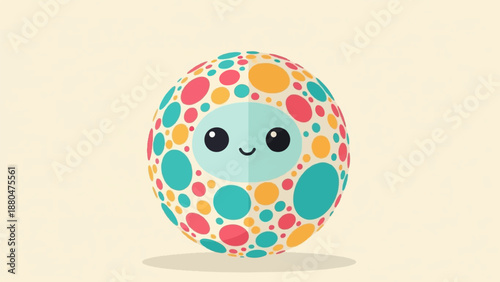 Cute, round, cartoon character with a smiling face on a speckled body