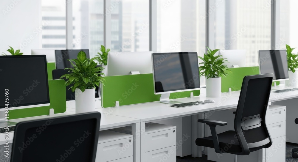 Fototapeta premium Modern Workspace: A contemporary office space, showcasing neat desks, ergonomic chairs, and modern computer displays alongside potted plants.
