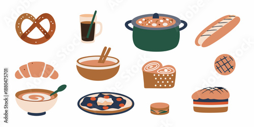 a variety of bread and breakfast foods are shown