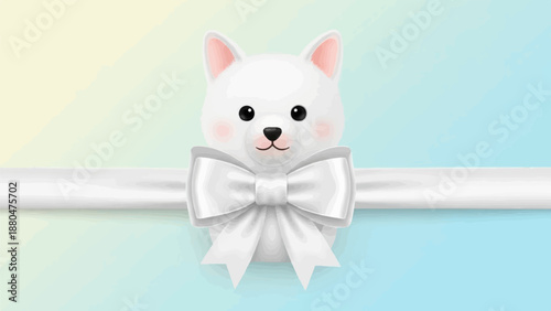 Cute white dog with big white bow on pastel background