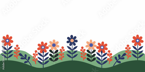 a colorful floral border with orange peach and blue flowers on green hills