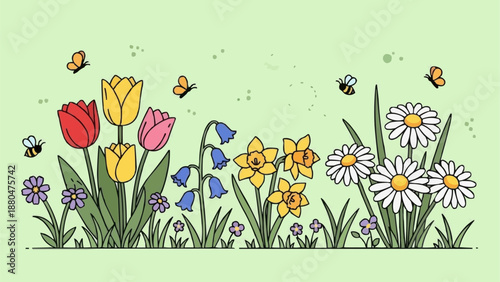 Spring Garden Flowers and Bees Illustration.