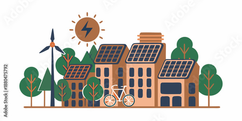 Sustainable city with renewable energy sources wind solar and green spaces