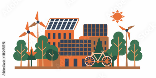 Sustainable city landscape featuring renewable energy sources and green spaces