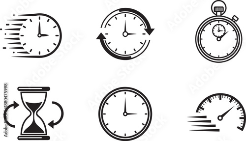 Clock and time management symbols vector line stopwatch set