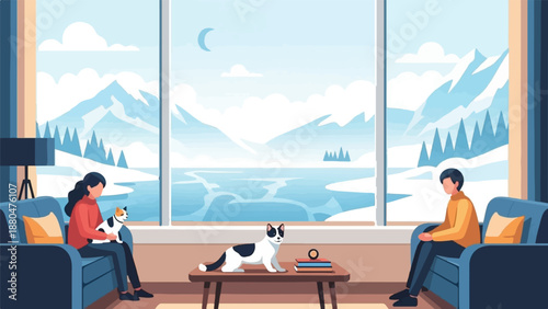 Cozy room with large window overlooking a snowy mountain landscape and frozen lake