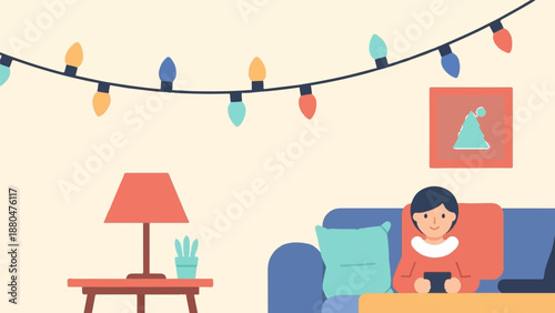 Cozy room with festive lights, a person on a couch, and holiday decor