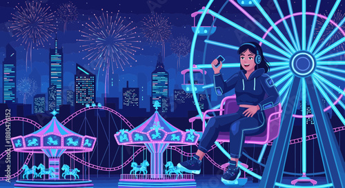 Young adult enjoying music on a Ferris wheel at night with city skyline