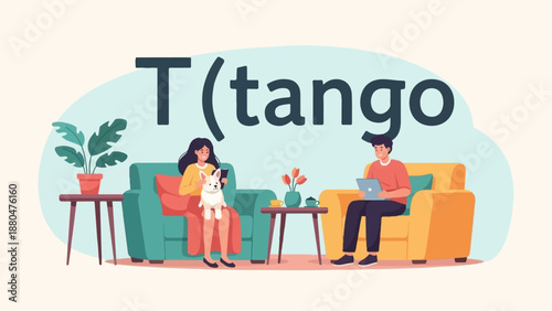 Cozy scene of people relaxing with pets and devices in a home setting