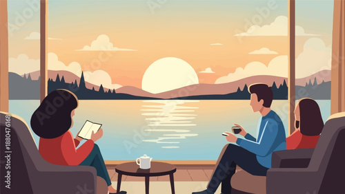 Cozy scene of three people enjoying sunset by a serene lake view