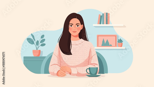 Cozy scene of a young woman in a sweater with a drink