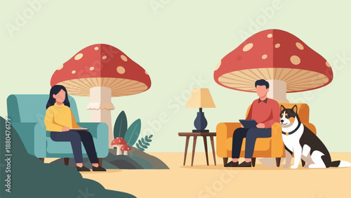 Cozy scene with people and dog relaxing under whimsical giant mushrooms