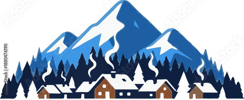 Cozy snow-covered cabins nestled at the base of snowy mountains