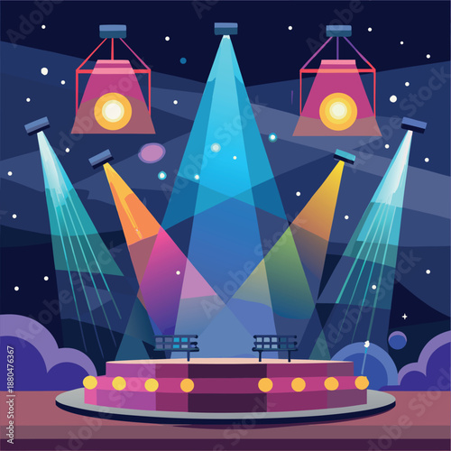 A colorful stage at night with bright spotlights shining down, glowing lights