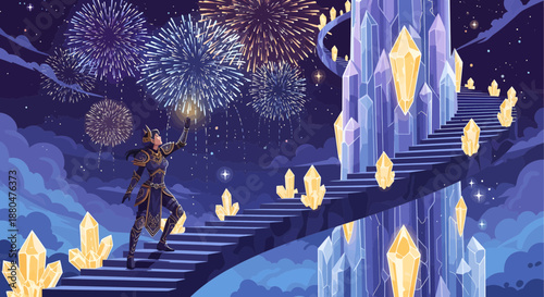Fantasy knight ascending staircase to crystal castle under fireworks