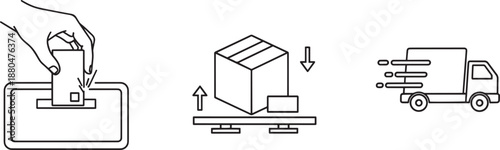 Payment online via card, delivery truck, goods shipping and package