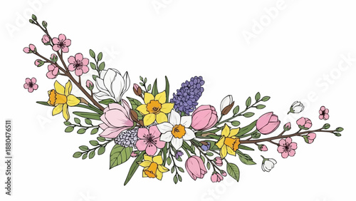 Spring floral arrangement with blooming flowers and branches.
