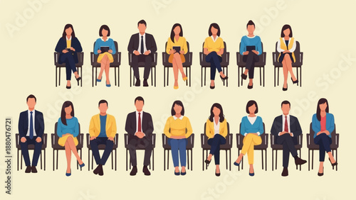 Diverse group of professionals seated in two rows, awaiting opportunities
