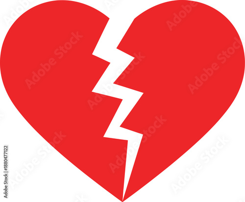 A broken red heart with a jagged white crack symbolizing love breakup or heartbreak