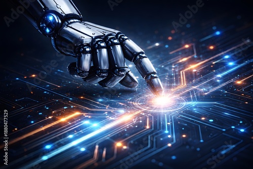 Robotic hand touching a glowing circuit board symbolizing ai and technology