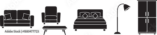 Furniture icons sofa armchair bed coffee table floor lamp wardrobe