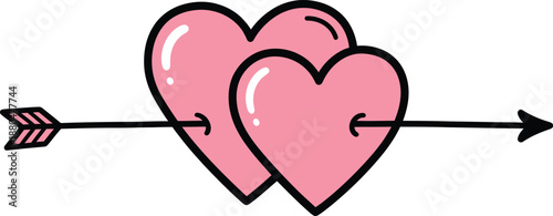 Two pink hearts pierced by an arrow on for love and valentines day concepts