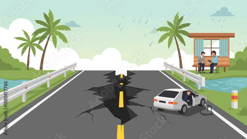 Cracked road and damaged car during rainfall with people in a shelter