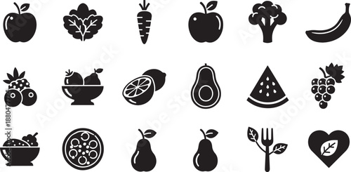 Healthy food icons collection, silhouette vector set on transparent