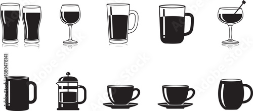 Silhouettes of various drinkware including beer wine glasses and coffee cups