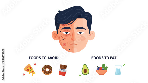 Healthy eating infographic with foods to avoid and eat for a balanced diet and clear skin