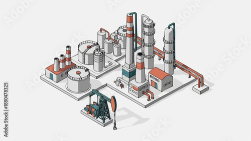 Industrial Oil Refinery Plant with Pumpjack Illustration.