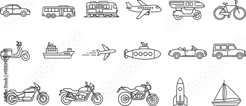 Transportation vehicles and modes of travel vector icons set