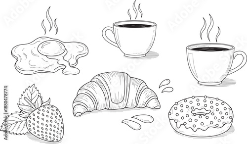 Breakfast food and hot drinks hand drawn sketch collection vector clip art
