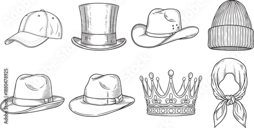 Headwear collection featuring hats caps and crown vector art