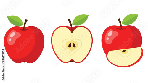Three red apples, one whole, one halved, and one sliced, against a white background.