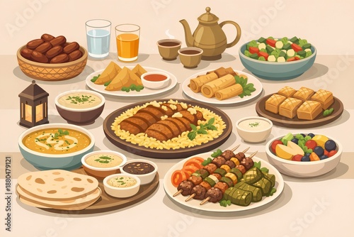 Ramadan iftar table illustration for festive marketing materials and commercial design