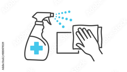 A hand wipes a surface with a cloth next to a spray bottle with a cross symbol.