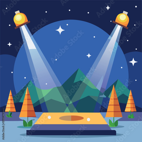 A colorful stage at night with bright spotlights shining down, glowing lights