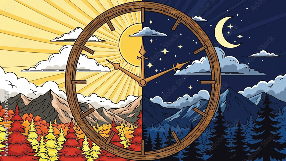 Fototapeta premium Day and Night, Clock, Mountain Landscape, Seasonal Change, Nature Scene