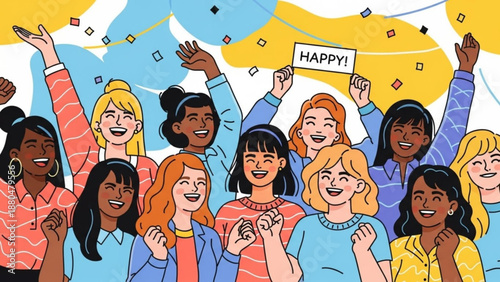 Diverse group of happy women celebrating diverse female faces in a joyful illustration concept of unity and positivity for social media or campaigns