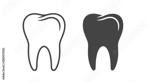 Two stylized teeth, one outlined and one solid dark gray, are displayed side by side.