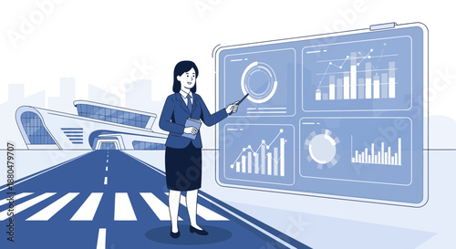 Businesswoman presenting data on a digital screen in a futuristic city