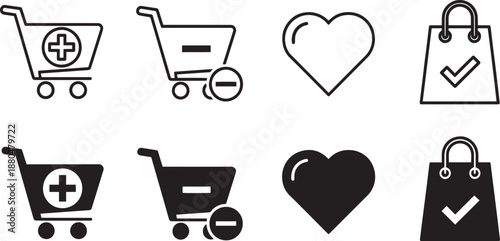 Shopping cart icons heart and shopping bag for e-commerce and online shopping