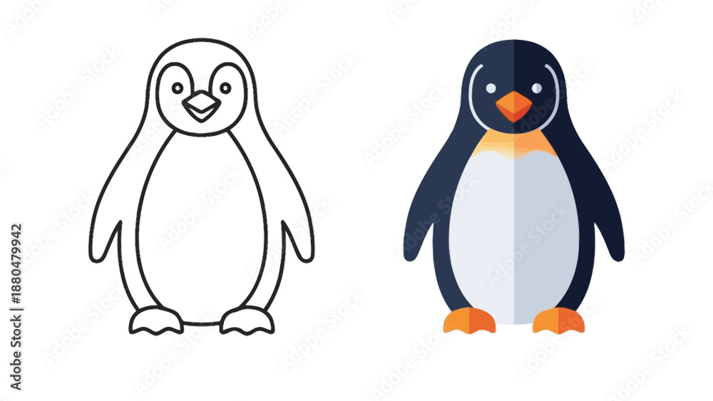 Fototapeta premium Cute cartoon penguin coloring page template beside a vibrant flat design illustration demonstrating outline versus filled vector artwork concepts