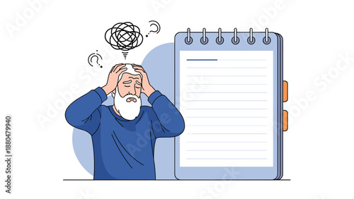 Stressed elderly man with hands on his head feeling overwhelmed or confused while standing beside a large blank spiral notebook page.
