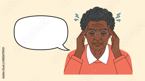 Senior woman suffering from a headache or migraine while holding her temples and standing next to an empty speech bubble for text space.