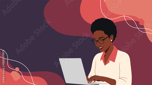 Smiling black woman wearing glasses while working on a laptop computer against a vibrant abstract purple and pink background.